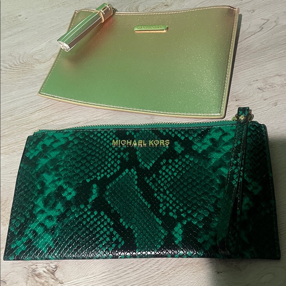 Michael Kors Green and Gold Clutch Set